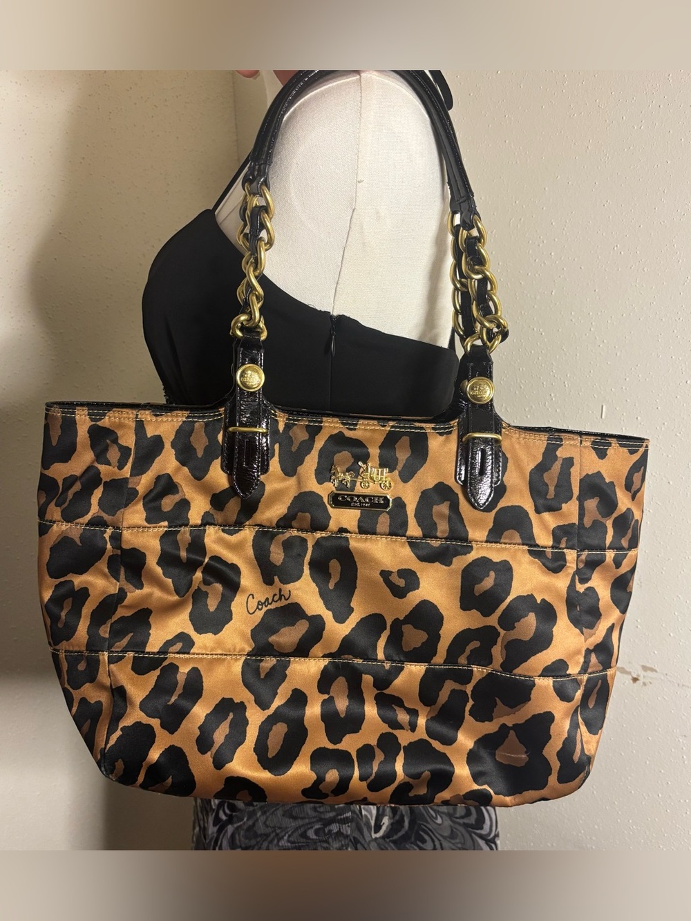 Coach Leopard-Print Tote in Brown and Black with Gold Hardware